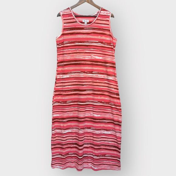 D & Co. Maxi Tank Dress Women Size L Pink Striped Stretch Slit Sleeveless Modest - Picture 1 of 13